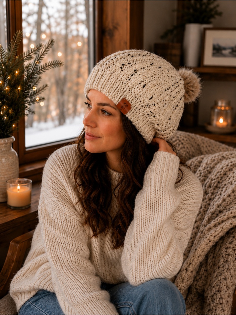 Cozy Cream Knit Pom Beanie - Women's Winter Hat